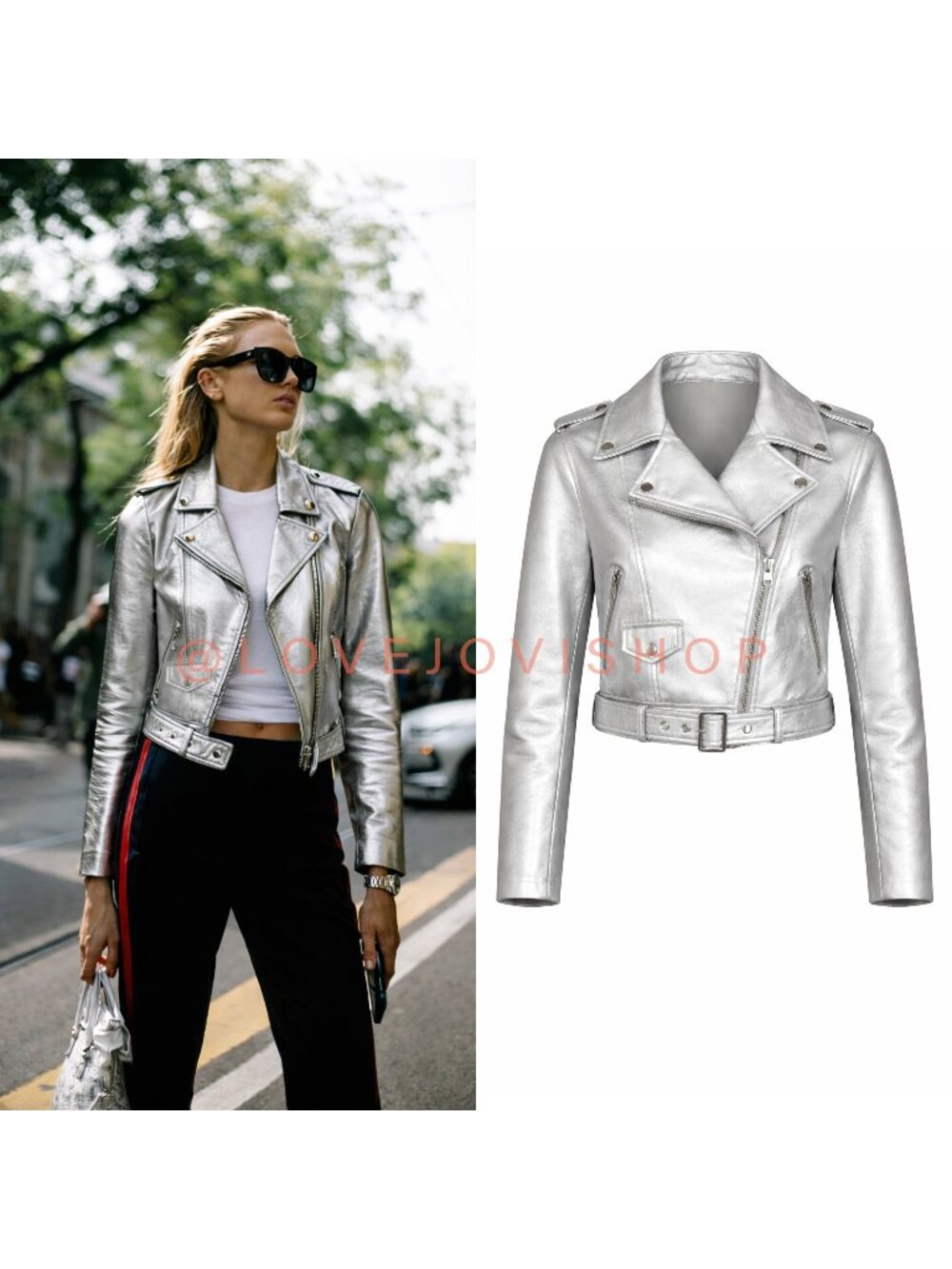 Women’s Metallic Silver Leather Biker Jacket